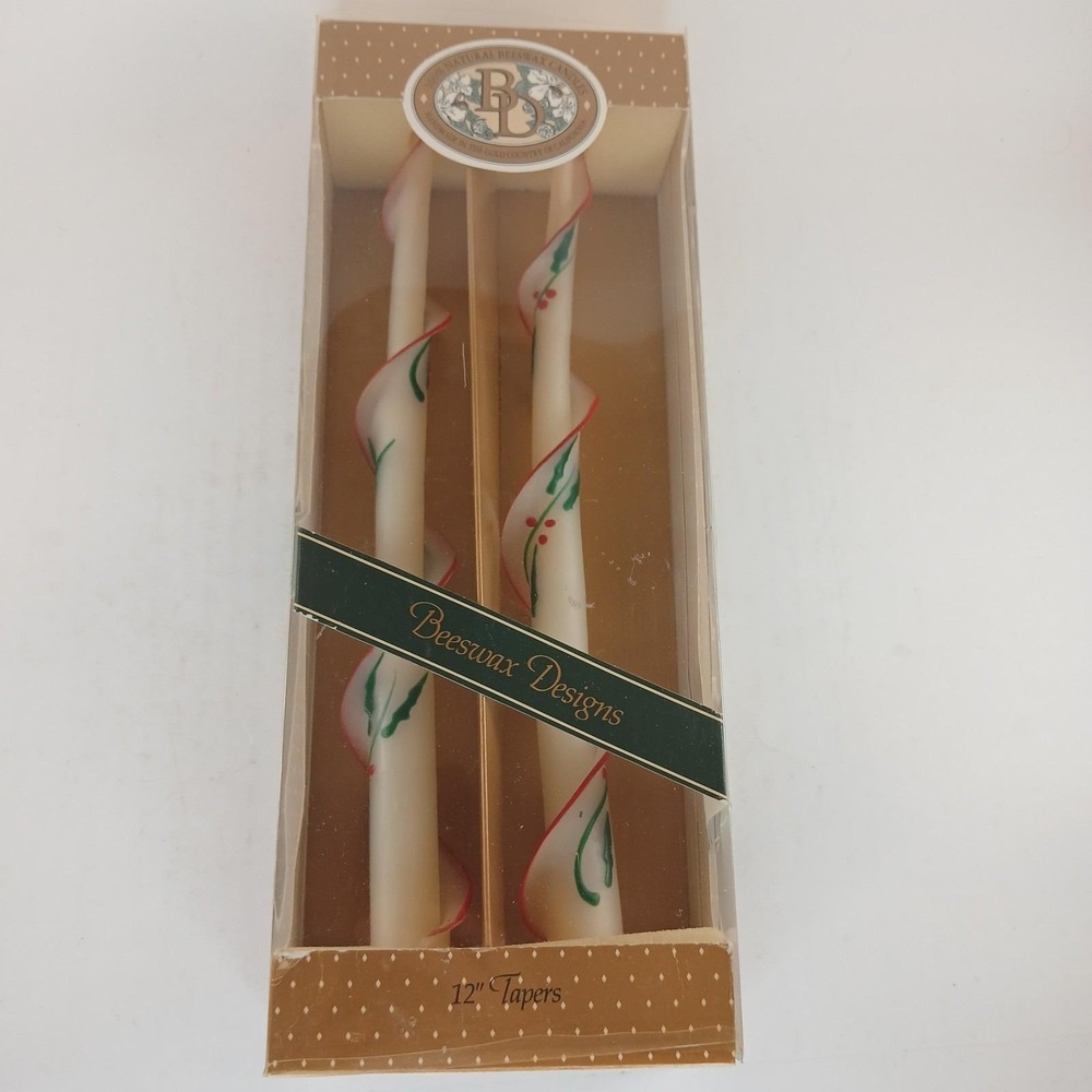 New Pair Vtg Beeswax Designs Candles 12" Tapers Spiral Twist Christmas Holly